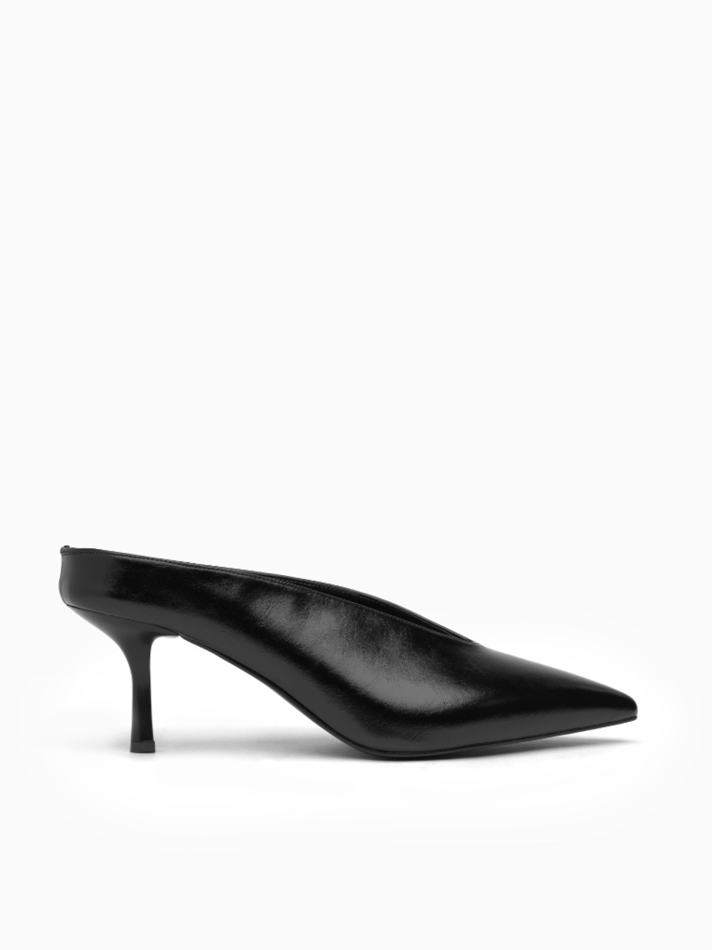 Serena Black Leather Pointed Toe Backless Mule 75mm Heel Workwear Shoe